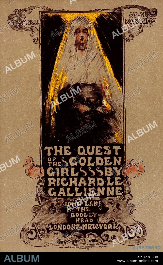 American poster for roman la Prière de la Vierge d'or. The Quest of the Golden Girl, by Richard le Gallienne. Ethel Reed 1874-1912, American graphic artist.