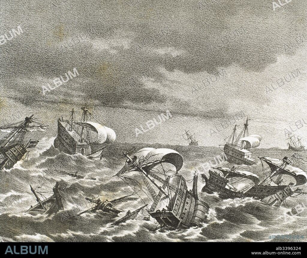 La Armada Invencible. Nombre dado a la flota enviada por el monarca español Felipe II contra Inglaterra en el año 1588. Destrucción de La Armada Invencible. Grabado del siglo XIX.
