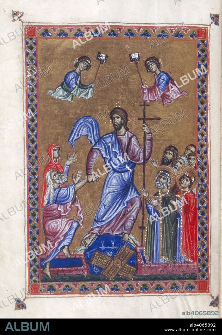BASILIUS. Harrowing of Hell. Psalter of Queen Melisende. E. Mediterranean [Jerusalem]; between 1131 and 114. [Whole folio] The Harrowing of Hell  Image taken from Psalter of Queen Melisende.  Originally published/produced in E. Mediterranean [Jerusalem]; between 1131 and 1143. . Source: Egerton 1139, f.9v. Language: Latin.