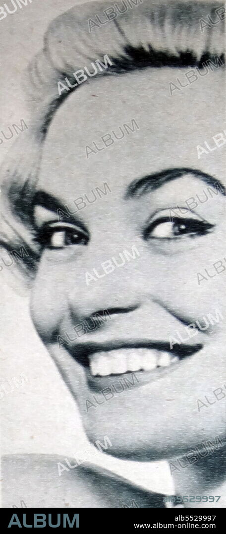 Newspaper photograph of Shirley Eaton (born 12 January 1937), English actress, author and model. Eaton appeared regularly in British films throughout the 1950s and 1960s, and gained her highest profile for her iconic appearance as Bond Girl Jill Masterson in the James Bond film Goldfinger (1964), which gained her bombshell status.