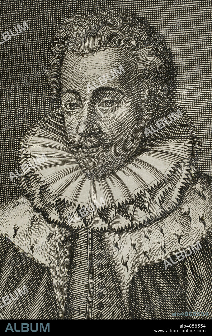 Francisco de Anjou (1554-1584). Príncipe francés. Duque de Anjou y Alençon. Retrato, detalle. Grabado. Guerras de Flandes. Edición publicada en Amberes, 1748. Biblioteca Histórico Militar de Barcelona. Cataluña. España.