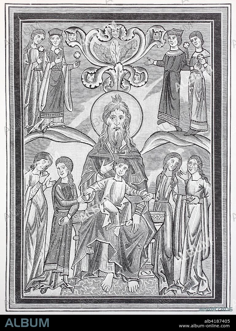 Miniature in the Psalterium of Landgrave Hermann of Thuringia, depicting the biblical promise to the righteous, Psalm 92, Germany, digital improved reproduction of a woodcut publication in the year 1885.
