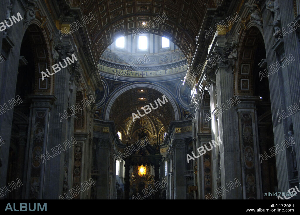 Renaissance Art. Italy. St. Peter's Basilica. Designed by Donato Bramante (1444-1514), Michelangelo (1475-1564), Carlo Maderno (1556-1629) and Gian Lorenzo Bernini (1598-1680). Interior view. Maderno's nave and the altar with Bernini's baldacchino (1623). Vatican City.