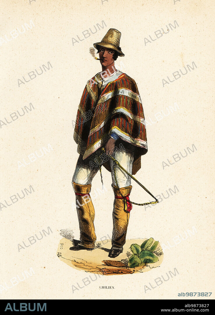 Mapuche man of Chile smoking a cigar. He wears a sugar-loaf hat, traditional striped poncho, jacket, culottes and leather sandals called ojotes. Chilien. Handcoloured woodcut by T.S. from Auguste Wahlen's Moeurs, Usages et Costumes de tous les Peuples du Monde, (Manners, Customs and Costumes of all the People of the World) Librairie Historique-Artistique, Brussels, 1845. Wahlen was the pseudonym of Jean-Francois-Nicolas Loumyer (1801-1875), a writer and archivist with the Heraldic Department of Belgium.