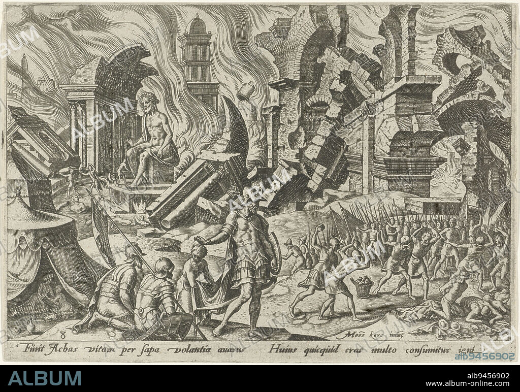 In the city of Ai, houses, temples and idols go up in flames. In front left, a soldier's encampment. In front right, Achan and his family are stoned to death, The destruction of Ai and the stoning of Achan The calamity of the Jewish people (series title), print maker: Philips Galle, Maarten van Heemskerck, (mentioned on object), Haarlem, 1569, paper, engraving, h 140 mm × w 201 mm.