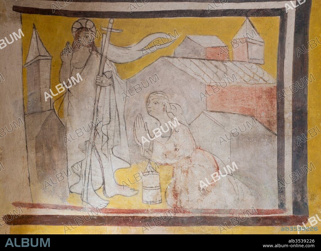 Escena de la aparición de Cristo a María Magdalena, detalle de los frescos de la bóveda del presbiterio (muro la epístola), de la iglesia de Santa Eulalia, Siglo XV, Valdeolea, Cantabria, España.