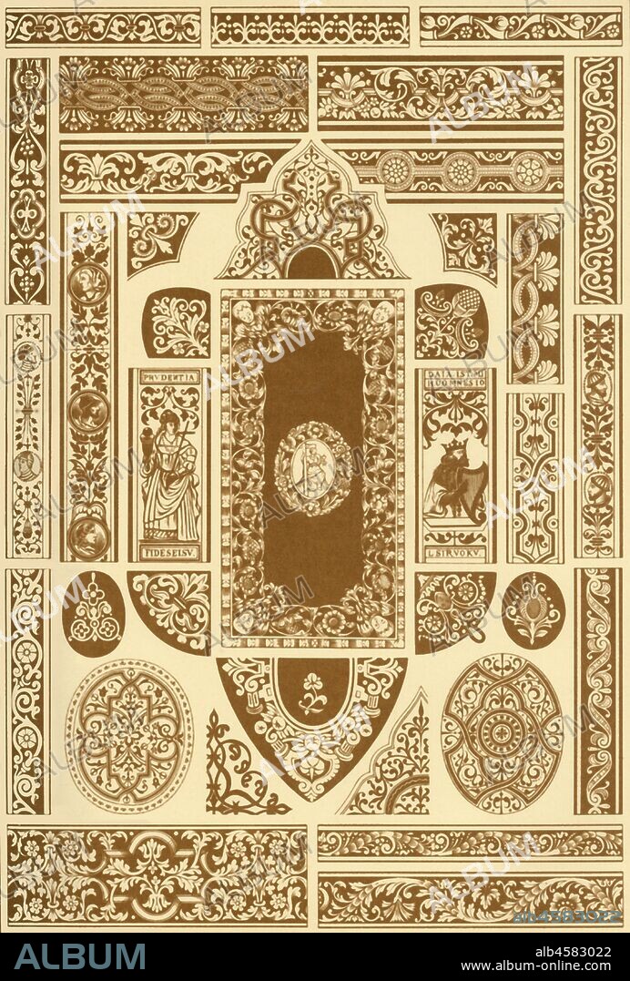 German Renaissance ornaments from book covers, (1898). 'Fig 1: Silver-edged book-cover (natural size) from the Sammlung vaterländischer Altertümer at Stuttgart. Figs 2-36: Decorations on hog's-leather covers (executed in blind-printing) from the Royal "Hand-bibliothek" at Stuttgart...The most sumptuous...were covers decorated with real metal-work, especially when precious metals were employed. In this case the ornament is usually cast in relief or embossed. Fig 1, however shows an ornament of silver simply sawn out and afterwards engraved...in decorating the back of the book, cording in a pretty manner was made use of, this being marked either by leather pads or by deepened horizontal lines, thus producing several compartments which were filled up with simple decorations'. Plate 73 from "The Historic Styles of Ornament" translated from the German of H. Dolmetsch. [B.T. Batford, London, 1898].