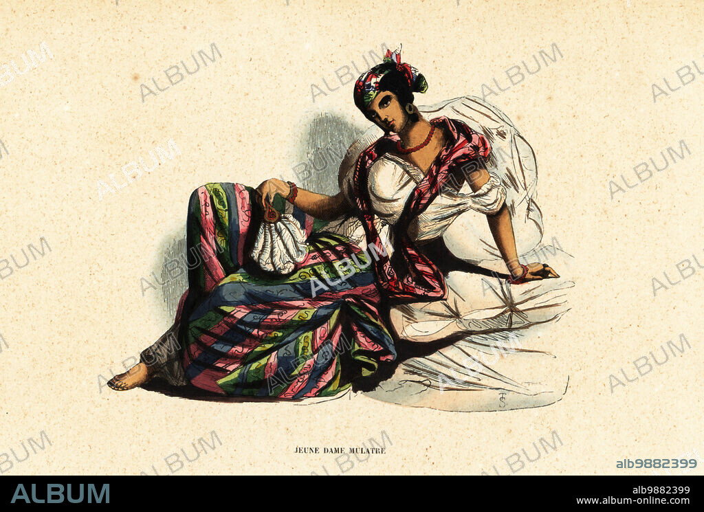 Mixed-race or mulatto woman of Port-au-Prince, Haiti. She wears a white chemise, striped silk skirt, bandana as she lounges on cushions. Jeune fille mulatre. Handcoloured woodcut by T.S. from Auguste Wahlen's Moeurs, Usages et Costumes de tous les Peuples du Monde, (Manners, Customs and Costumes of all the People of the World) Librairie Historique-Artistique, Brussels, 1845. Wahlen was the pseudonym of Jean-Francois-Nicolas Loumyer (1801-1875), a writer and archivist with the Heraldic Department of Belgium.