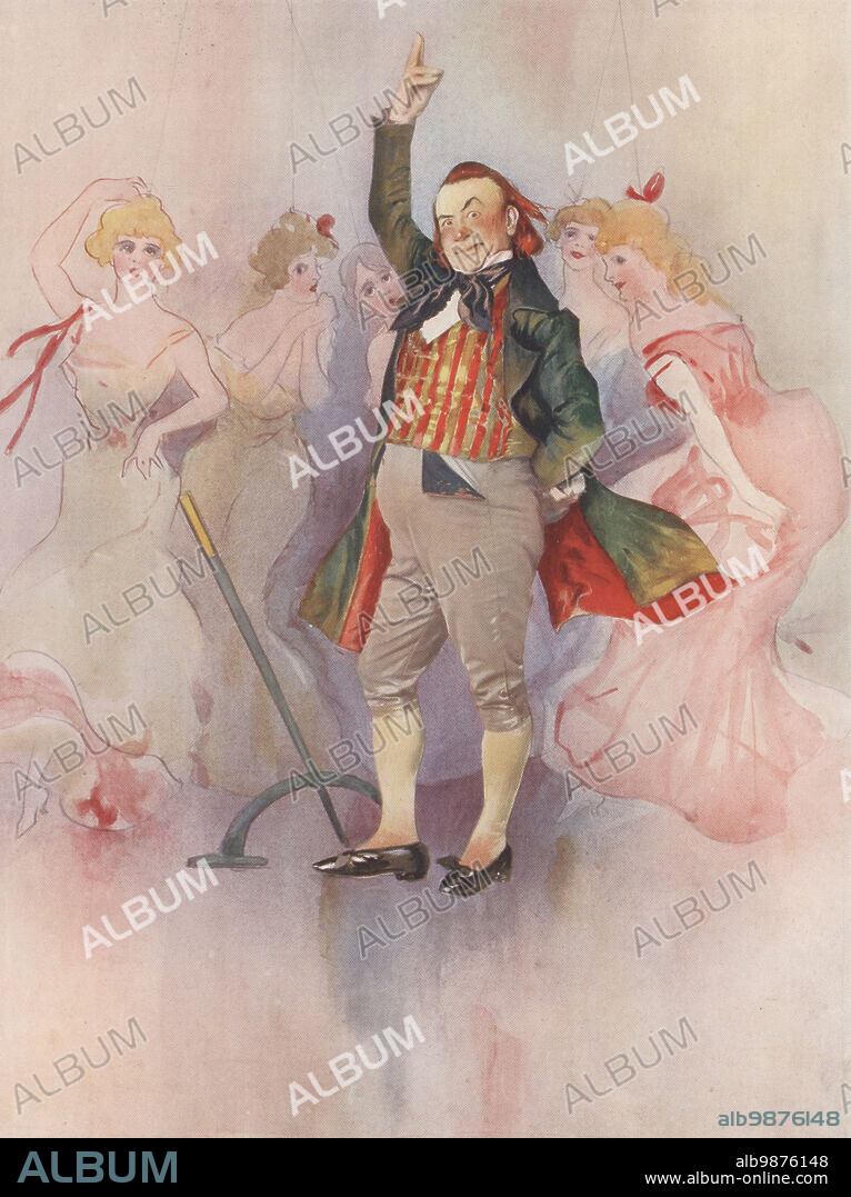 Willie Edouin as Hilarius in La Poupee, a comic opera by Edmond Audran, Prince of Wales Theatre, 1897. Edouin, English comedian, actor, dancer, singer and writer, 1846-1906. Photograph by Alfred Ellis and Walery (Stanislaw Julian Ignacy). Colour printing of a hand-coloured illustration based on a monochrome photograph from George Newness Players of the Day, London, 1905.