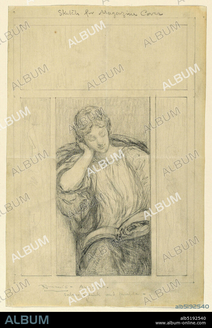 Design for Magazine Cover, Kenyon Cox, American, 18561919, Graphite on paper, Sketch of a magazine cover with a female figure seated and reading an opened book on her lap., USA, ca. 1900, graphic design, Drawing, Drawing.