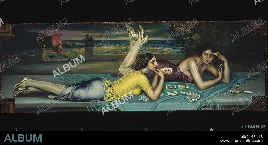 JULIO ROMERO DE TORRES. JUGANDO AL MONTE(HUMO Y AZAR)H.1922-OLEO TEMPLE/LIENZO 80X242.