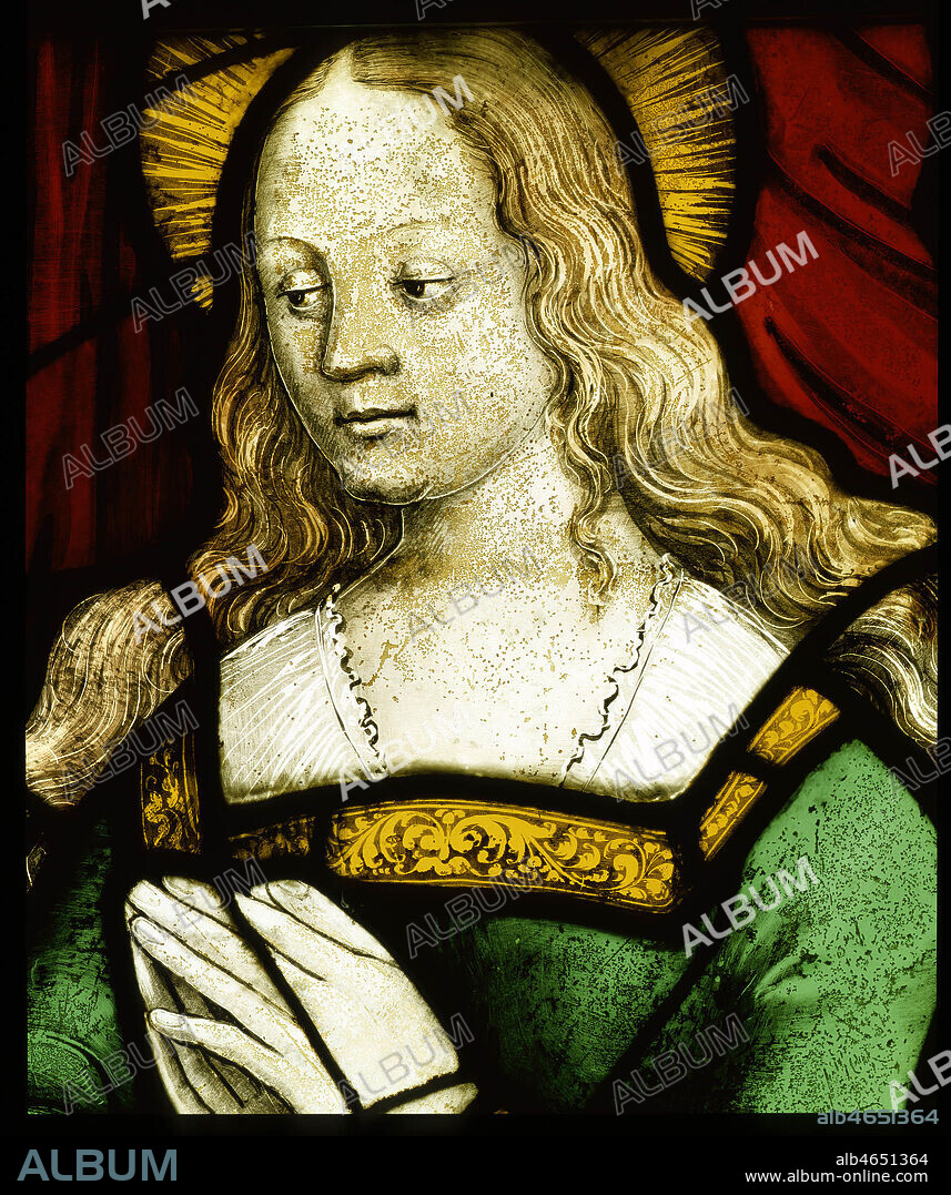 Vitrail de l'Abbaye Notre Dame d'AUTREY (VOSGES ) Detail du Triptyque : la Vierge. Vitrail 16eme siecle.Musee d'EPINAL. Credit : Photo Bernard Prud'Homme / Kharbine Tapabor.