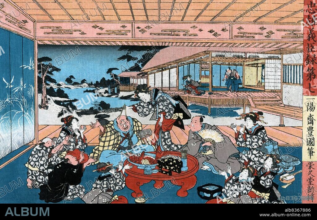 Japan: 'Act Seven'. Woodblock print from act seven of the <i>Chushingura</i> by Utagawa Kunisada (1786-1865), c. 1840-1860. Utagawa Kunisada, also known as Utagawa Toyokuni III, was the most popular, prolific and financially successful designer of ukiyo-e woodblock prints in 19th-century Japan. In his own time, his reputation far exceeded that of his contemporaries, Hokusai, Hiroshige and Kuniyoshi.