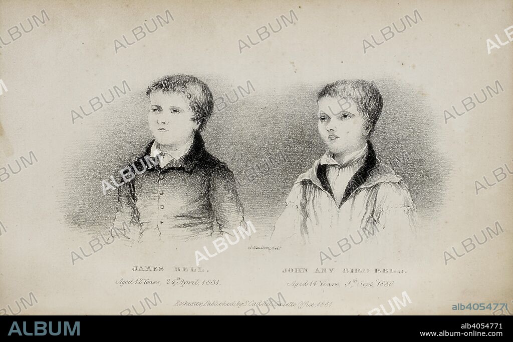 Portraits of two young murderers- James Bell and John Any Bird Bell. A Narrative of the facts relative to the murder of R. F. Taylor ... Together with the trial of J. A. B. Bell for the murder; including the confession of the prisoner, etc. Rochester, 1831. Source: 10368.e.6.(11), frontispiece. Language: English.