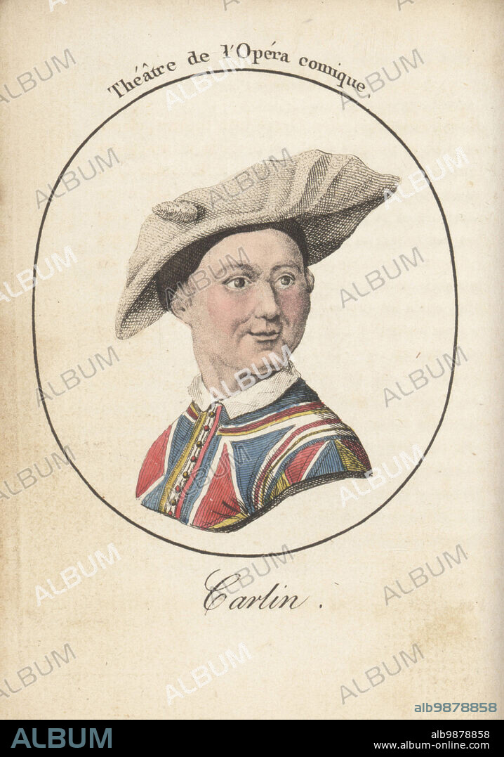 Carlo Antonio Bertinazzi or Carlin, Italian actor famed for his performance as Harlequin in the commedia dell'arte, 1710-1783. Theatre de l'Opera comique. Handcoloured stipple engraving after Jacques Grasset Saint-Sauveur from Acteurs et Actrices Celebres, Famous Actors and Actresses, Chez Latour Libraire, Paris, 1808.
