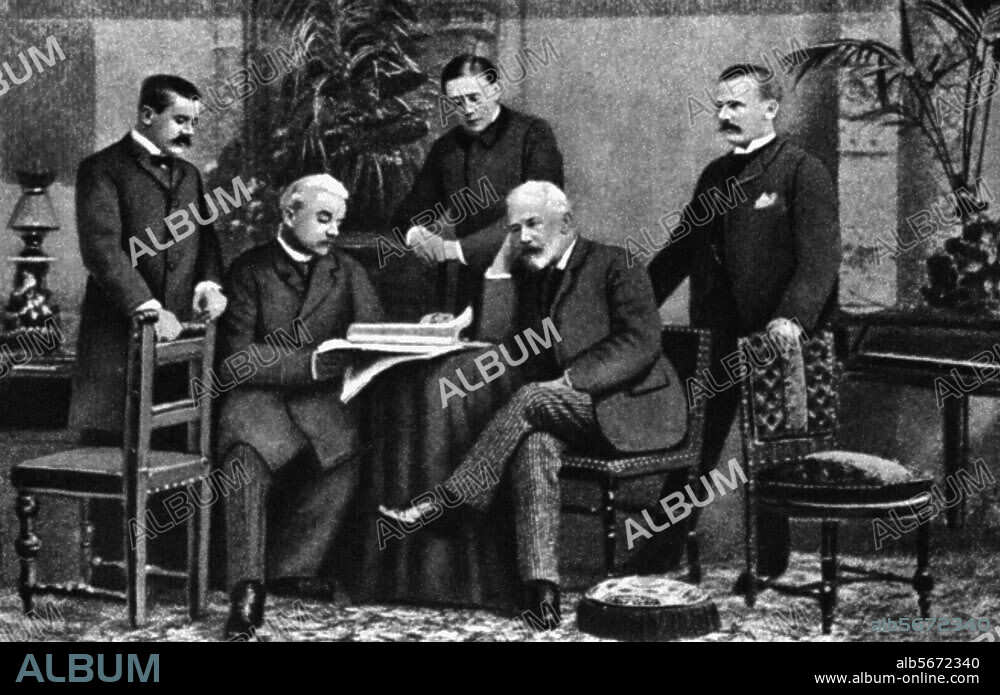 Tchaikovsky, Peter Ilich, Russian composer; 1840-1893. Tchaikovsky (seated front right) with his brothers (fr. l. to. r.:) Anatol, Nikolay, Hippolyt and Modest. Photo, c. 1890.