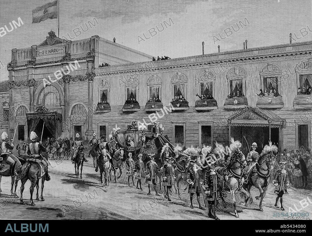 MARIA CRISTINA DE HABSBURGO. REINA DE ESPAÑA Y REGENTE.ESPOSA DEL REY ALFONSO XII. " APERTURA DE LAS CORTES AÑO 1887 . SALIDA DE LA REINA REGENTE Y SU HIJO DEL PALACIO DL SENADO ". GRABADO DE LA ILUSTRACION ESPAÑOLA Y AMERICANA ,AÑO 1887.