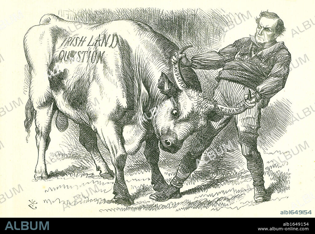 Taking the (Irish) Bull by the Horns: Bill passed by Parliament on 15 February 1870 and received royal assent on 8 July. William Gladstone, Prime Minister, dealing with the issue. John Tenniel cartoon from Punch, London, 26 February 1870.
