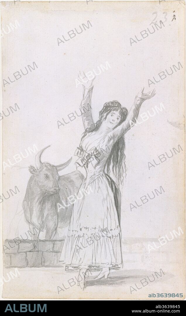 A young woman dancing, her arms raised, a bull in the background; folio 23 (recto) from the Madrid Album 'B'. Artist: Goya (Francisco de Goya y Lucientes) (Spanish, Fuendetodos 1746-1828 Bordeaux). Dimensions: Sheet: 9 1/4 × 5 11/16 in. (23.5 × 14.5 cm). Date: 1796-97.