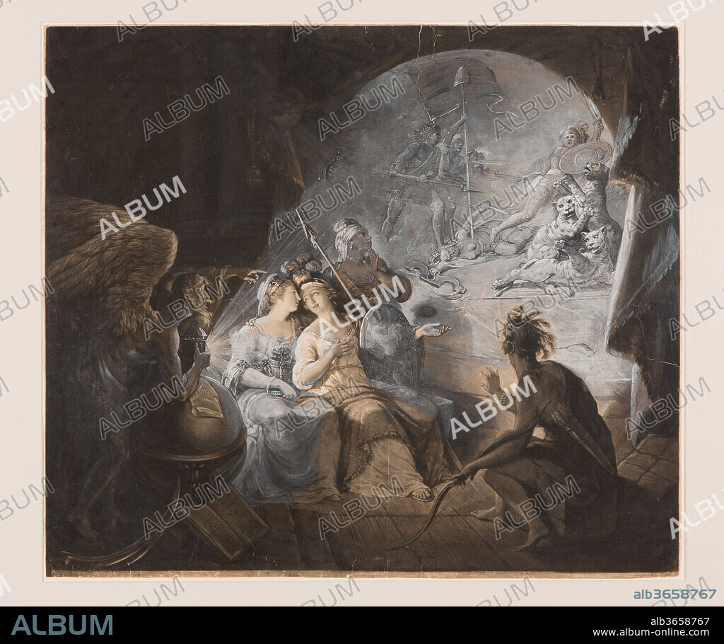 The Tea-Tax-Tempest (The Oracle). Artist: John Dixon (Irish (active England), ca. 1740-1811). Dimensions: 20 1/2 x 23 3/8 in. (52.1 x 59.4 cm). Date: 1774.
This allegorical scene captures a British artist's response to the American Revolution. Father Time, at left, holds up a magic lantern (an early image projector) to reveal a view of the destruction of Britain with heraldic leopards fighting. America sits in the shadows, at right, wearing products from her realm: a string of pearls, a feathered headdress, and an animal-skin wrap. Her physical separation from her companions, representing Europe, Asia, and Africa, suggests the impending imperial rupture. Using gouache paint, an unknown artist altered Dixon's original mezzotint print, which depicts a hopeful resolution to the conflict, to reveal anxiety about the outcome.