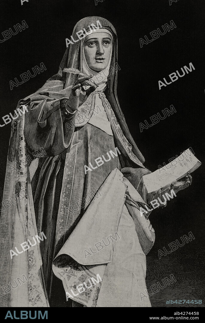 SPANISH ENGRAVER BERNARDO RICO. Saint Teresa of Jesus (1515-1682). Founding nun of the Order of Discalced Carmelites. Spanish mystic and writer. Portrait of Saint Teresa of Jesus. Engraving by Rico from a sculpture attributed to Gregorio Hernandez, existing in the Museum of Valladolid. La Ilustracion Española y Americana, 1882.