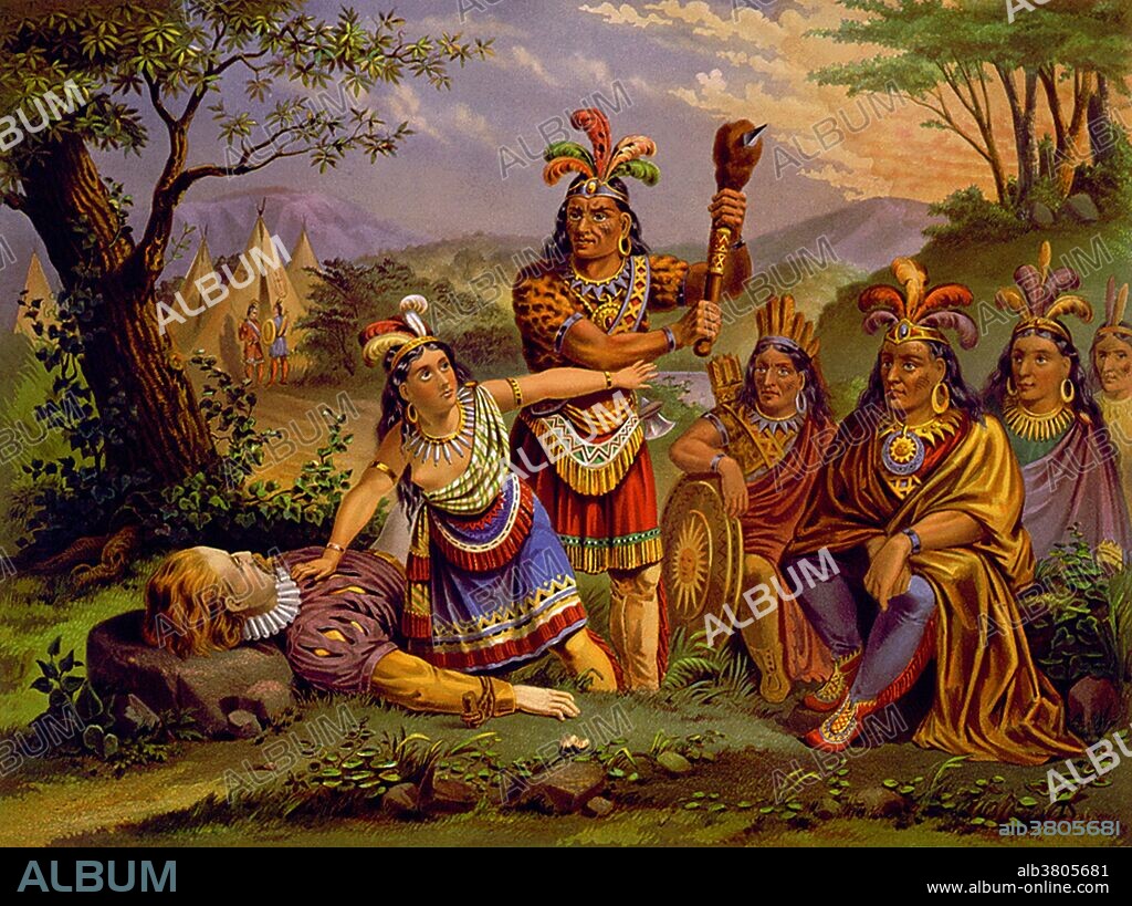 Illustration depicting Pocahontas saving the life of Captain John Smith. Pocahontas (1595-1617) was an Algonquian Indian remembered for her association with the colonial settlement at Jamestown, Virginia. She was the daughter of Chief Powhatan, the head of a network of tributary tribal nations in the Tidewater region of Virginia. She is said to have saved the life of an Indian captive, Englishman John Smith, in 1607 by placing her head upon his own when her father raised his war club to execute him.