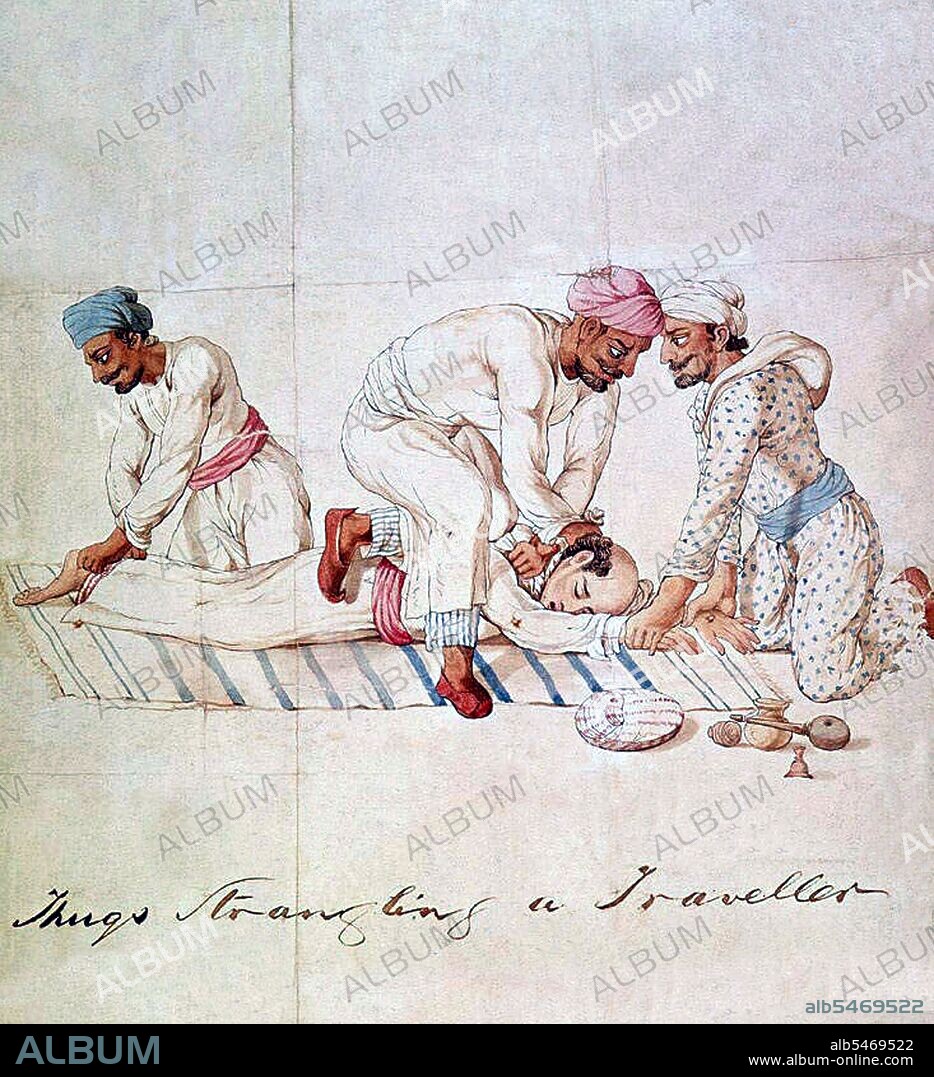 Thugs' (literally 'thags', or practitioners of 'thaggi') deceived and strangled travelers: paintiing by an Indian artist, for Captain James Paton, Assistant to the Resident at Lucknow, 1829-1840. Thuggee (from Hindi ?hag ‘thief’, verb, thugna, to deceive, from Sanskrit sthaga ‘cunning’, ‘sly’, ‘fraudulent’, ‘dishonest’, ‘scoundrel’’) is the term for a particular kind of murder and robbery of travellers in South Asia and particularly in India. Thuggee trace their origin to the battle of Kali against Raktabija; however, their foundation myth departs from Brahminical versions of the Puranas. Thuggee consider themselves to be children of Kali, created out of her sweat. This is similar to the way Kali was created from aggression and willingness to fight Durga. According to some sources, especially old colonial sources, Thuggee believe they have a positive role, saving humans' lives. Without Thuggee's sacred service, Kali might destroy all human kind.