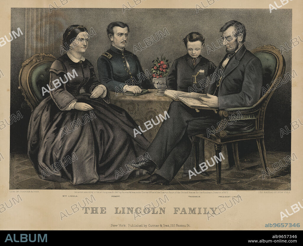The Lincoln Family, from Left Mary Todd Lincoln, Robert Lincoln, Thomas Lincoln, Abraham Lincoln, Lithograph by Currier & Ives, 1867.