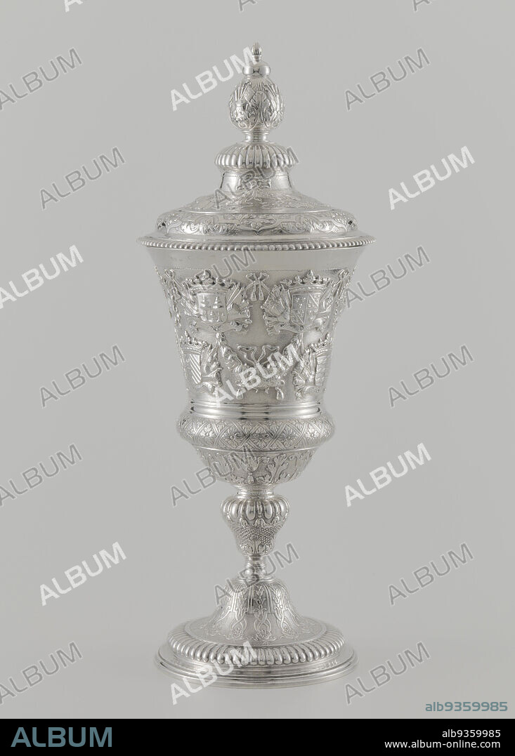 Goblet of the Leiden Archers Guild, Goblet of silver of the captains of the Leiden Archers Guild from the years 1710-1712. Around the chalice, next to the city arms held by lions, their coats of arms, imposed and captioned: Jan des Tombe, Cornelis van der Meer, Johan Meerman, Daniel van de Velde, Frans van Kerkhem, Gerard de Bye, Cornelis van Banchem, Nicolaas Teding van Berkhout. The chalice bottom is framed in a rosette border and acanthus leaves. Around the lid, crowned by a leaf knob: marginal borders, band and leaf work and armorial trophies. The foot, enclosed by a knurled border, is high vaulted in the center and bears a bandwork decoration with cullots. On the vase-shaped nodus foliage and kner motifs on a grid., silversmith: Cornelis van Dijk, Delft, 1711, silver (metal), height 54.0 cm, diameter 17.4 cm, diameter 15.2 cm.