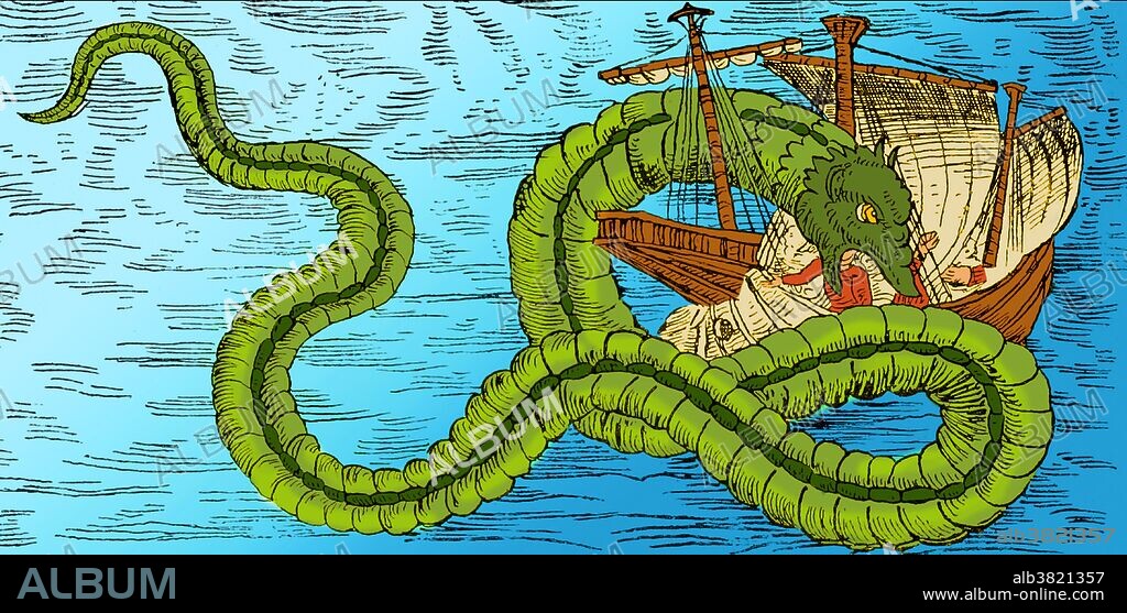 Sea monsters are sea-dwelling mythical or legendary creatures, often believed to be of immense size. Marine monsters can take many forms, including sea dragons, sea serpents, or multi-armed beasts. They can be slimy or scaly and are often pictured threatening ships or spouting jets of water. Image appeared in "The great sea-serpent. An historical and critical treatise. With the reports of 187 appearances...the suppositions and suggestions of scientific and non-scientific persons, and the author's conclusions", 1892.
