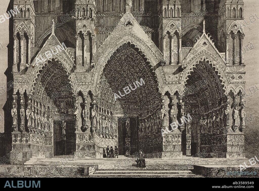 Portal of the Amiens Cathedral, France, engraving by Lemaitre from France, deuxieme partie, L'Univers pittoresque, published by Firmin Didot Freres, Paris, 1845.