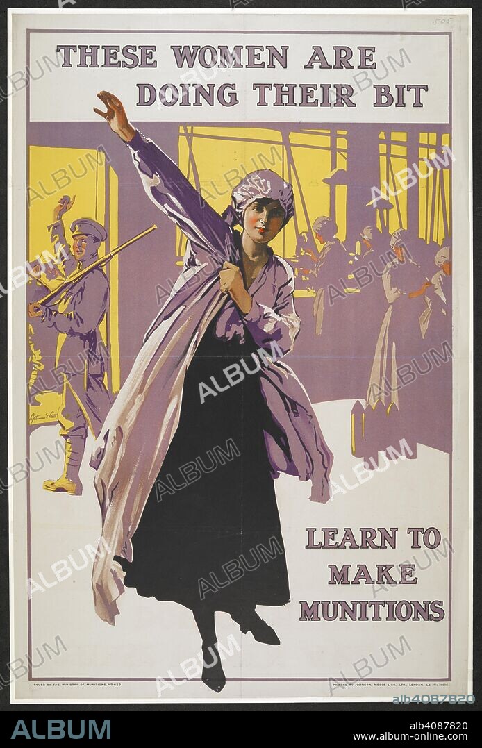 'These woman are doing their bit. Learn to make munitions'. A patriotic poster of the First World War to encourage women to volunteer to work in factories to aid the war effort. [A collection of English and French War Posters.]. 1914-1919. Source: Tab.11748.a.(505).
