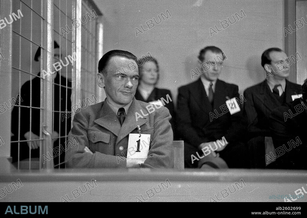 Henry Rinnan, a Norwegian Gestapo agent, on trial at Trondheim, Norway 1946.