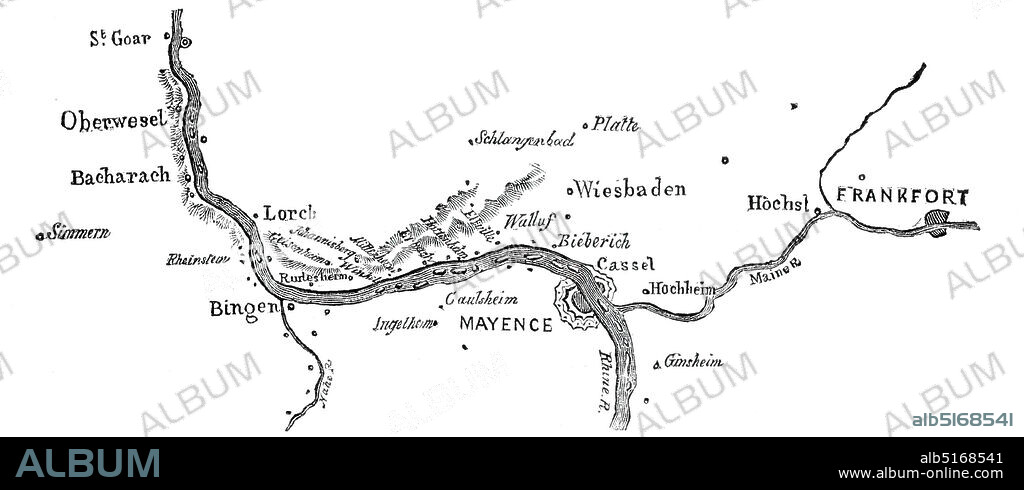 Map of the Rheingau, 1844. The Rhine in Germany: '...the small district within Wiesbaden and Bacharach, or rather, properly called the Rheingau, between Walluf and Lorch, where the Rhine vends his course from east to west. The Rheingau is but a small tract of land, and strictly on the right bank of the Rhine, only occupying an area of about 25 miles. The fertility and riches of production as to the cultivation of wine is concentrated in this little spot. It is the celebrated vineyard of Germany...Charlemagne is said to have observed from his castle, Ingelheim, how early the snow commenced melting on the Rudesheim mountain, planted Orleans grapes, and history sufficiently establishes the fact. The vineyards in the Rheingau are of considerable extent, and those belonging to Prince Metternich are the most celebrated...'. From "Illustrated London News", 1844, Vol V.