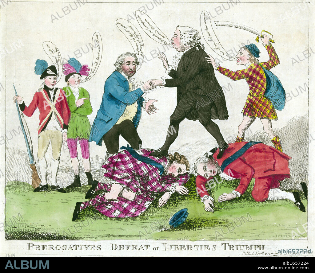 Prerogatives Defeat or Liberties Triumph', c1782. C J Fox and John Dunning, 1st Baron Ashburton, uniting to fight corruption and Royal favouritism, trample on Earl of Bute and Lord North while Ireland and America look on.
