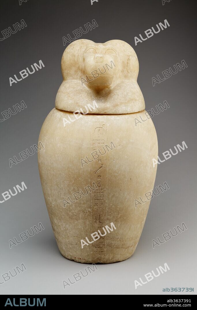 Canopic jar with a baboon-headed lid (Hapy). Dimensions: Jar with Lid: H. 41.5 cm (16 5/16 in); greatest diam. 23 cm (9 1/16 in)
Jar: H. 28.5cm (11 1/4 in.); depth (inside) 25.7 cm (10 1/8 in.); base diam. 14.4 cm (5 11/16 in.); rim diam. 13.6 cm (5 3/8 in.); circ. 72.2 cm (28 7/16 in.)
Lid: H. 14.5 cm (5 11/16 in.); w. 16.9 cm (6 5/8 in.); d. 18.2 cm (7 3/16 in.); foot diam. 12.8 cm (7 3/16 in.).. Dynasty: Dynasty 26. Date: 664-525 B.C..
Canopic jars were made to contain the embalmed viscera removed from the body in the process of mummification.  The organs were placed under the protection of the Four Sons of Horus, whose heads form the lids of the jars: Hapy (baboon-headed), Imsety (human-headed), Duamutef (jackal-headed), and Qebehsenuef (falcon-headed).  In turn these gods were under the protection of the goddesses Nephthys, Isis, Neith, and Selket, respectively, as the inscriptions on the jars state.