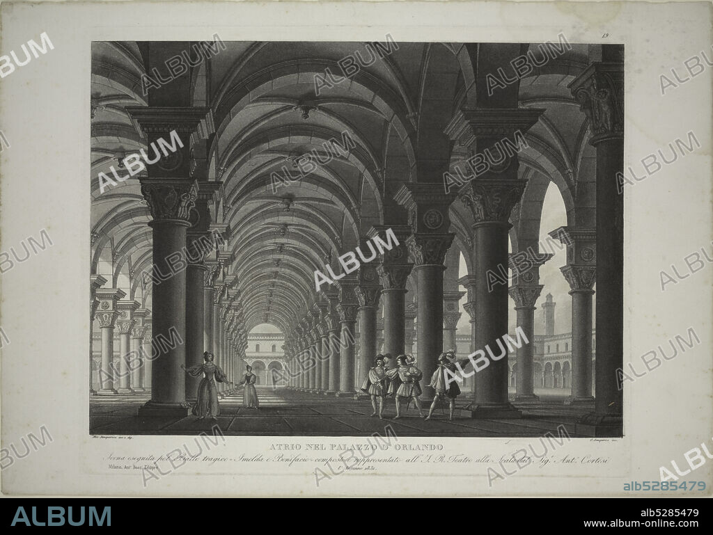 Atrio nel palazzo d'Orlando. Scena eseguita pel ballo tragico Imelda e Bonifacio, composto e rappresentato all'I. R. Teatro alla Scala dal Sigr. Anto. Cortesi, l'autunno 1831. Ales. Sanquirico inv. e dip. C. Sanquirico inc., still image, Prints, 1831.