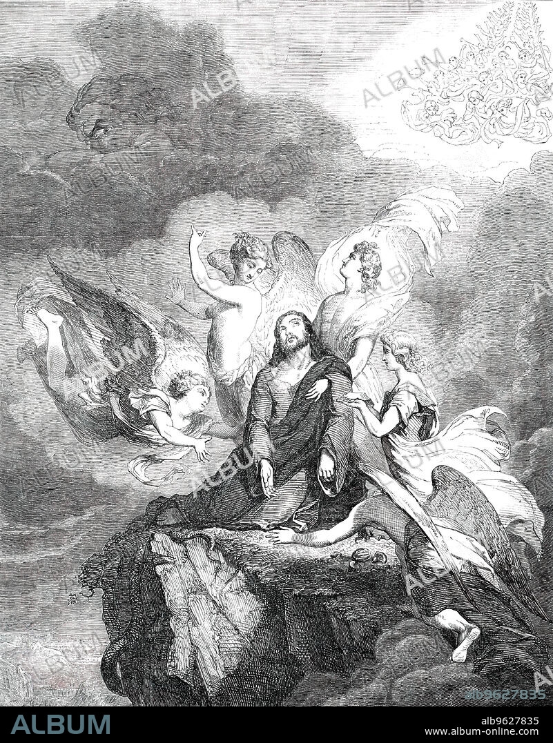 Our Saviour after the Temptation - painted by Sir George Hayter, M. A. S. L., 1850. Exhibition at the British Institution. 'This miracle must be considered the first great triumph of Jesus Christ on earth; and therefore, although the extreme exhaustion from having fasted forty days rendered the ministering of angels necessary when his human strength was nearly annihilated, still the moment must have been one of intense joy to the heavenly host; and has, therefore, been treated in the colouring so as to avoid any sad or melancholy impression on the spectator, by appropriating such colours for the wings and garments of the angels as were frequently given by the early painters of holy subjects....In the principal figure, the painter has attempted to portray divine resignation and exhaustion, free from the more acute bodily suffering under which the Saviour Is generally represented'. From "Illustrated London News", 1850.