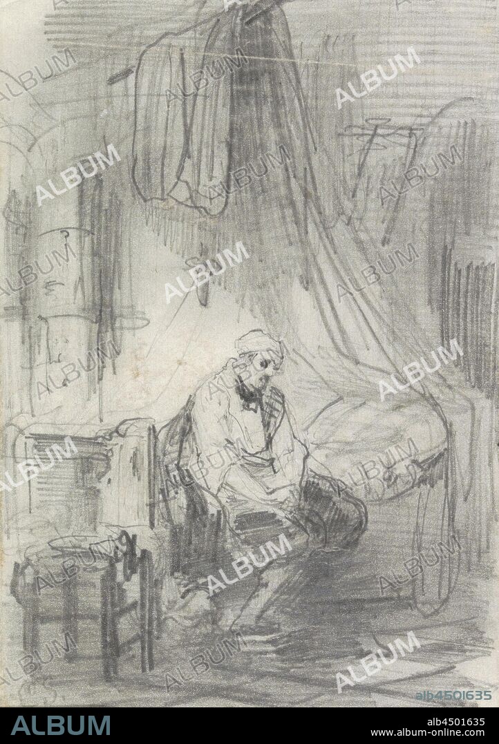 Man sitting on the edge of his bed, Design for a print, sitting figure, bedroom, Corneille Seghers, 1824 - 1875, paper, pencil, h 162 mm × w 115 mm.