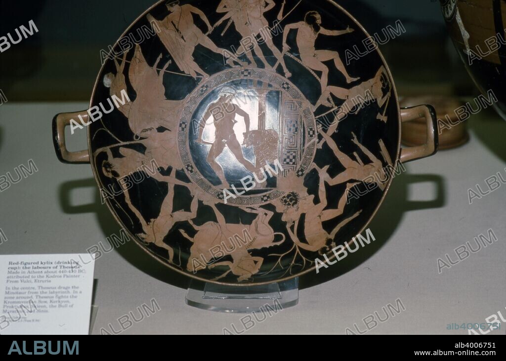 Greek Red-figured Kylix, (Drinking Cup), c440-430 BC. Attributed to the Kodros Painter. Found at Vulci, Italy. Centre shows Theseus and Minotaur. Edges show Theseus fighting. with the Krominyonian Sow, kirkyon, Proknustes, Skiron, the Bull of Marathon and Sinis.