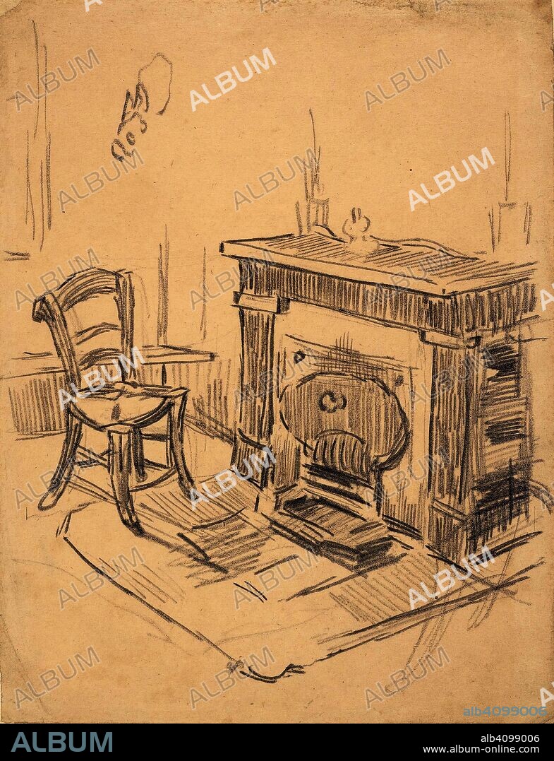 VINCENT VAN GOGH. Chair by a Fireplace. Date: April-May 1890, Saint-Rémy-de-Provence. Dimensions: 32.5 cm x 24.9 cm.