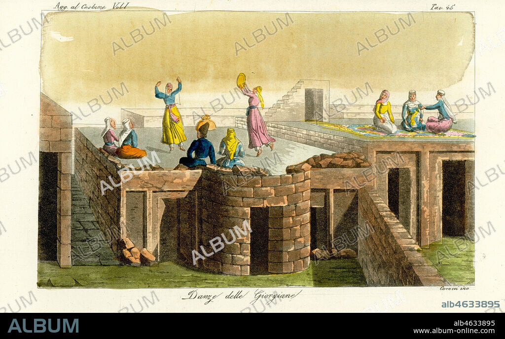 Georgian and Armenian women dancing on the terraces of houses in Tbilisi, Georgia. They dance to musical accompaniment of tambourines and handclaps. Danza delle Giorgiane. Handcoloured copperplate engraving by Carocci after Giulio Ferrario in his Costumes Ancient and Modern of the Peoples of the World, Il Costume Antico e Moderno, Florence, 1833.