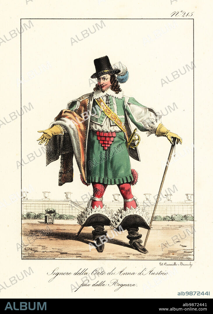 Lord at the court of Queen Anne of Austria at the end of the French Regency, circa 1650. In plumed hat, short cape, jacket with slashed sleeves, doublet, pantalons, hose, and cavalier boots. Seigneur de la Cour d'Anne d'Autriche. Fin de la Regence. Handcoloured lithograph by Lorenzo Bianchi and Domenico Cuciniello after Hippolyte Lecomte from Costumi civili e militari della monarchia francese dal 1200 al 1820, Naples, 1825. Italian edition of Lecomtes Civilian and military costumes of the French monarchy from 1200 to 1820.