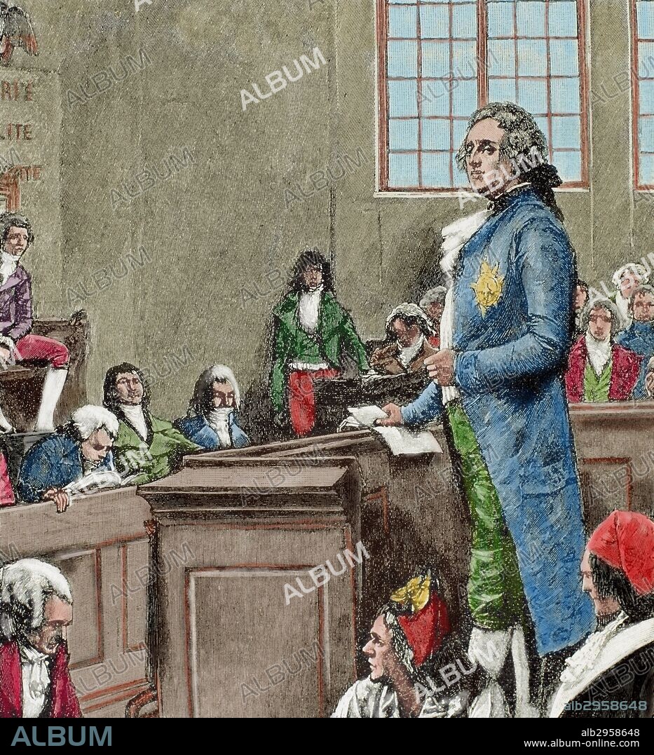 REVOLUCION FRANCESA (1789-1799). EPOCA DE LA CONVENCION. "JUICIO DE LUIS XVI". El proceso se inició el 11 de diciembre de 1792, y fue declarado culpable de conspirar contra la libertad pública por la Convención el 16 de enero de 1793. El 21 de enero del mismo año fue condenado a muerte en la plaza de la Revolución. Grabado coloreado de "Historia de Francia" (año 1882) .