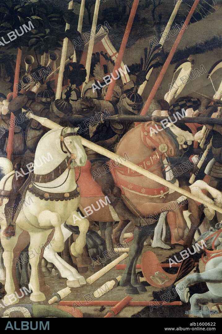 PAOLO DI DONO. Battle Of San Romano (Detail)  ca. 1455  Paolo Uccello (1397-1475 Italian)  Tempera on Wood Panel  Galleria degli Uffizi, Florence, Italy.