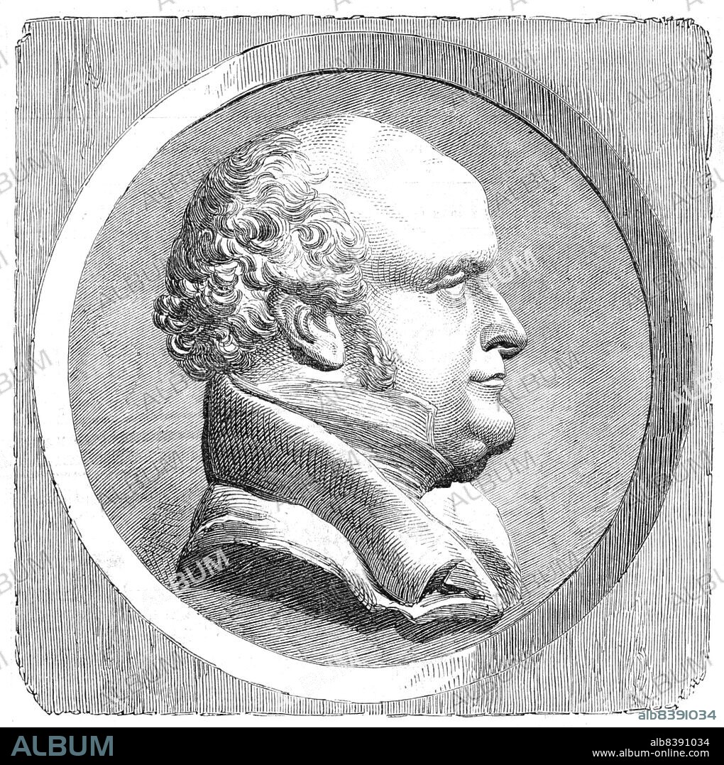 Medallic Portrait of Sir J. Franklin, by David, 1854. '...a medallic Portrait of the lamented Sir John Franklin, executed in bronze by M. David'. In 1845, British Royal Navy officer and Arctic explorer Rear-Admiral Sir John Franklin led an ill-fated expedition in an attempt to traverse the Northwest Passage. His ships became icebound off King William Island in what is now Nunavut, where he died in June 1847. The icebound ships were abandoned ten months later and the entire crew died, from causes such as starvation, hypothermia, and scurvy. From "Illustrated London News", 1854.