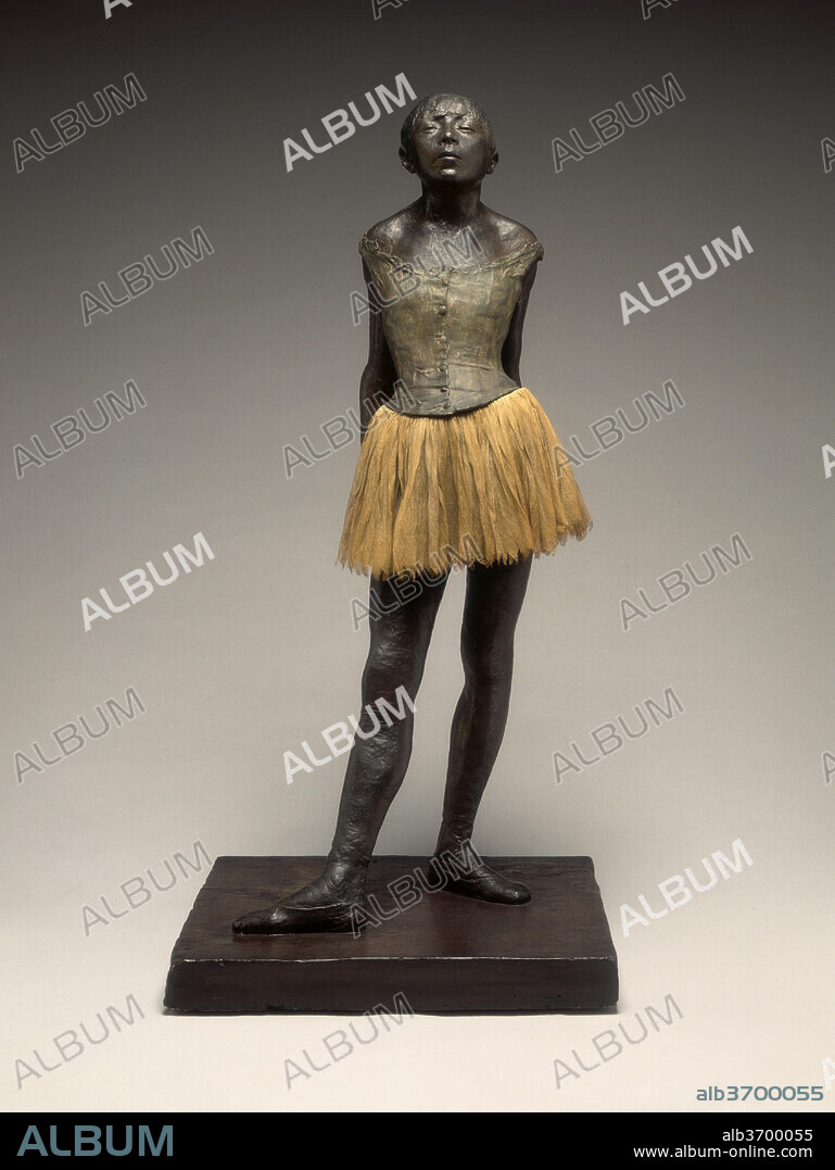 EDGAR DEGAS. Little Dancer Aged Fourteen. Dated: plaster cast possibly 1920/1921, after original wax modelled 1878-1881. Dimensions: overall (without base): 99.4 x 35 x 35.8 cm (39 1/8 x 13 3/4 x 14 1/8 in.)  base: 5.9 x 49.4 x 50.4 cm (2 5/16 x 19 7/16 x 19 13/16 in.). Medium: painted plaster, fabric, metal armature, on plaster base.