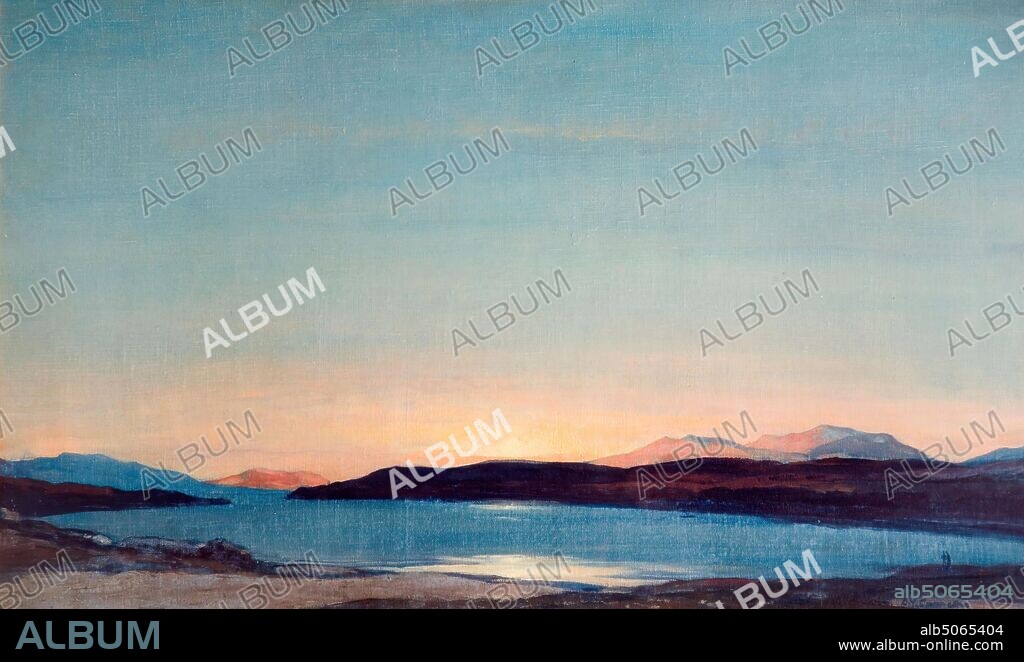 Sundown, Loch Rannoch, 1923 By Sir David Young Cameron (d.1945), Landscape, Mountain, Lake, Oil Painting, Scotland, Sunset.