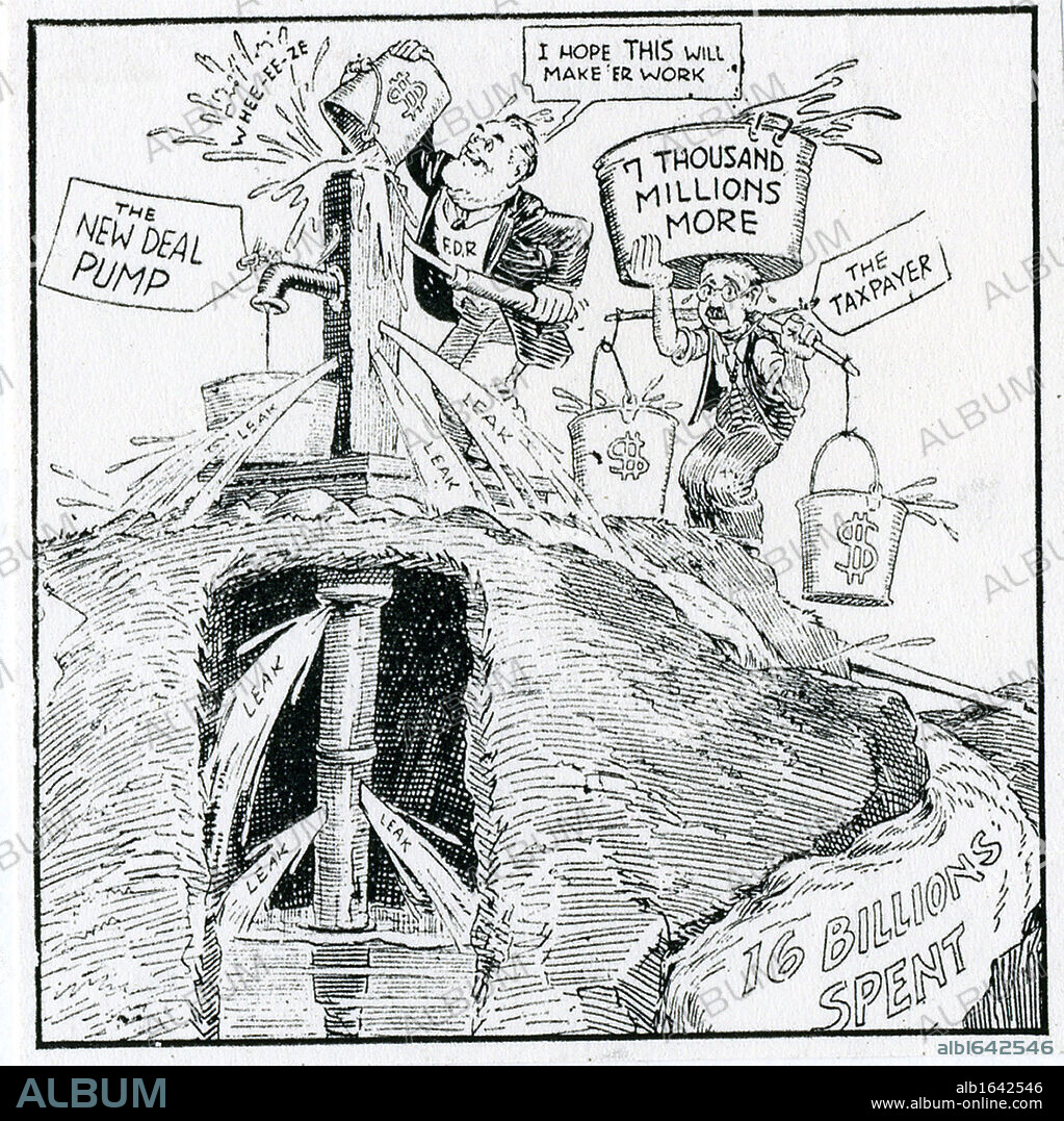 The American Depression 1930's. 'What We Need is a New Pump', cartoon on Franklin Delano Roosevelt's New Deal and the pump priming deficits. While FDR poured 8 1/2 billion US Dollars into the emergency, insisting he was balancing the budget.