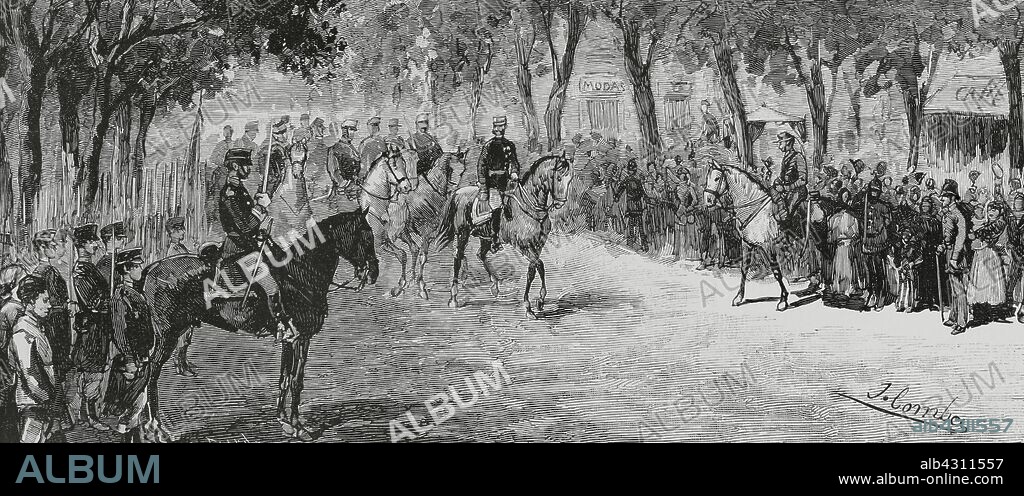 Viaje de los Reyes de España, Alfonso XII (1857-1885) y María Cristina de Habsburgo-Lorena (1879-1885) a San Sebastián. El rey Alfonso XII pasando revista a las tropas, en la avenida de la Libertad. Dibujo del natural por Juan Comba. Grabado por Capuz. La Ilustración Española y Americana, 22 de septiembre de 1883.